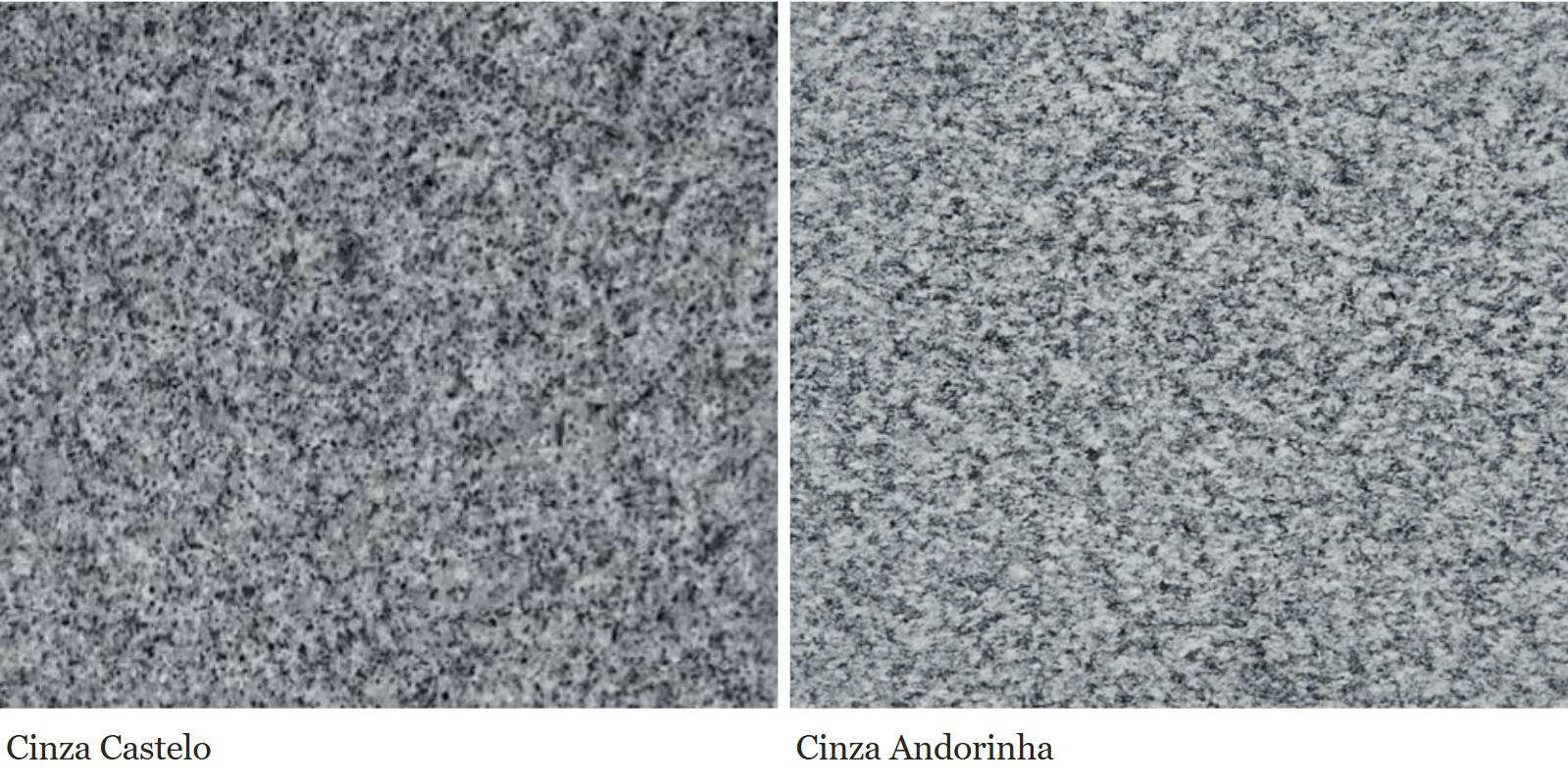 Detalhe do grão das chapas de granito Cinza Castelo e Cinza Andorinha lado a lado: o Castelo mais escuro e fechado, o Andorinha mais claro e salpicado
