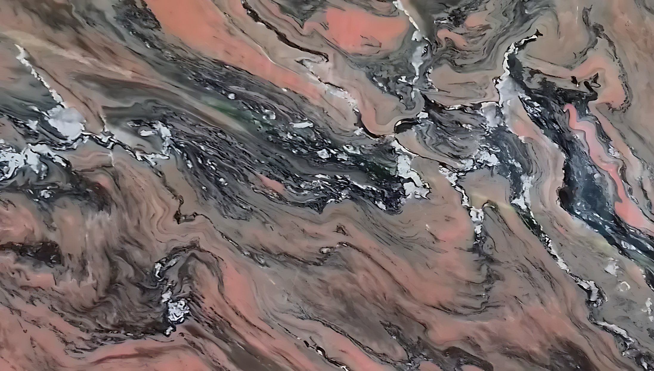 Chapa de mármore calcítico Rosa Bahia de perto, fundo rosa com veios cinza, pretos e brancos em movimento